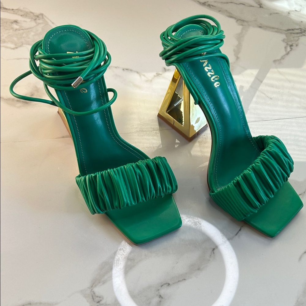 Emerald Green Strappy Heels with Gold Accents
